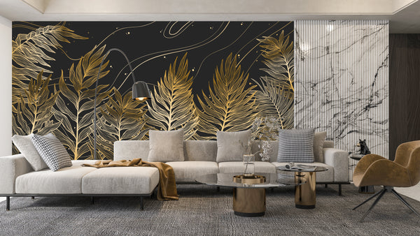 Golden Exotic Palm Leaves Wallpaper, Seamless Pattern Mural, Oversized Custom Size Wall Art, Non-Woven, Non-Adhesive, Modern Wall Paper, Removable