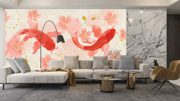 Elegant Koi Fishes Wallpaper, Luxury Chinese Mural, Oversized Custom Size Wall Art, Non-Woven, Non-Adhesive, Modern Wall Paper, Removable