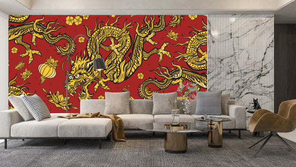 Golden Chinese Dragons Wallpaper, Seamless Pattern Mural, Oversized Custom Size Wall Art, Non-Woven, Non-Adhesive, Modern Wall Paper, Removable