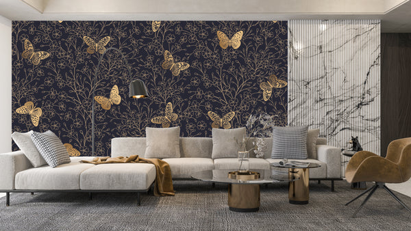 Gold Butterflies and Flowers Wallpaper, Black Background Mural, Oversized Custom Size Wall Art, Non-Woven, Non-Adhesive, Modern Wall Paper, Removable