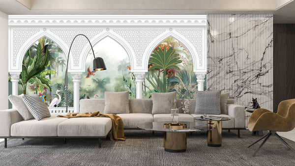 Garden Arch Wallpaper, Birds Mural, Oversized Custom Size Wall Art, Non-Woven, Non-Adhesive, Modern Wall Paper, Removable