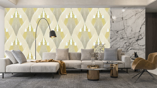 Ethnic Ikat Wallpaper, Yellow Boho Mural, Oversized Custom Size Wall Art, Non-Woven, Non-Adhesive, Modern Wall Paper, Removable