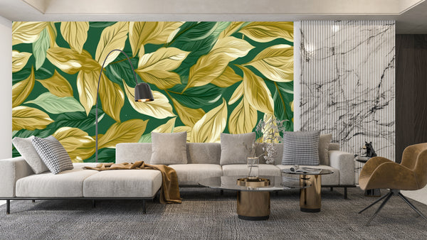 Gold and Light Green Small Leaves Wallpaper, Seamless Pattern Mural, Oversized Custom Size Wall Art, Non-Woven, Non-Adhesive, Modern Wall Paper, Removable