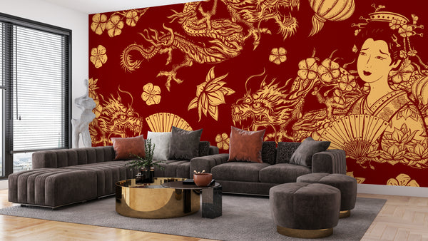 Golden Chinese Dragons and Woman Wallpaper, Seamless Pattern Mural, Oversized Custom Size Wall Art, Non-Woven, Non-Adhesive, Modern Wall Paper, Removable