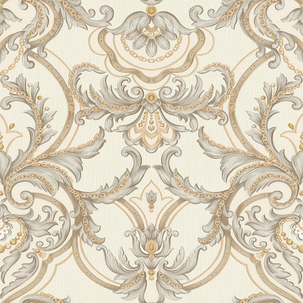 Luxury Deep Embossed Damask Wallpaper, Cream, Silver, Home & Commercial Use Decorative Wallcovering, Washable, Sturdy - Walloro High End Wallcoverings & More