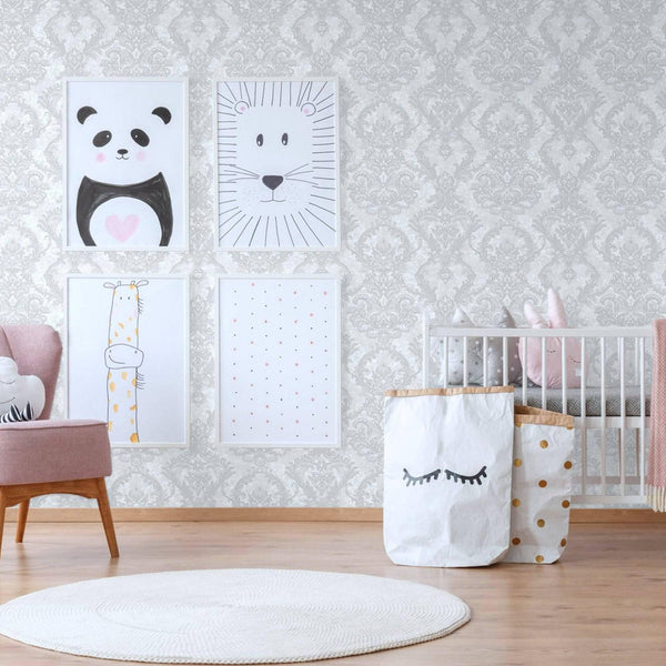 Luxury Sparkling Deep Embossed Damask Wallpaper, White, Silver Beautiful Flocked Shimmering Rich Textured Wallcovering - Walloro High End Wallcoverings & More