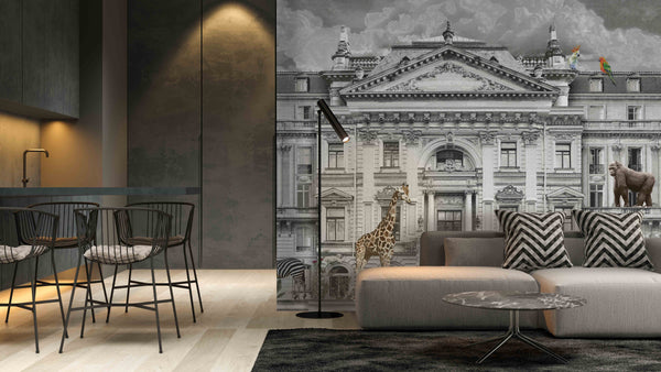 Modern Animals Building Wallpaper, Gray Jungle Wall Mural, Custom Size Architecture Wall Covering, Non-Woven, Non-Adhesive, Washable, Removable - Walloro High End Wallcoverings & More