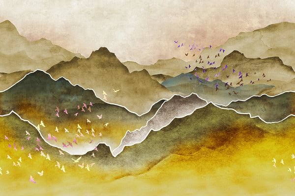 Mountain Scenic Wall Mural, Yellow Nature Wallpaper, Custom Size Wall Covering, Non-Woven, Non-Pasted, Removable, Washable, Extra Large Bird Art - Walloro High End Wallcoverings & More