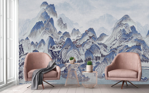 Mountains Scenic Wall Mural, Blue Landscape Wallpaper, Modern Custom Size Wall Covering, Non-Woven, Non-Pasted, Washable, Removable, Extra Large Wall Covering - Walloro High End Wallcoverings & More