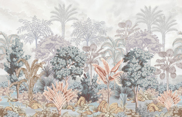 Nature Tropical Wallpaper, Green Forest Wall Mural, Custom Size Trees Wall Art, Non-Woven, Non-Pasted, Removable, Washable, Oversized Wall Paper - Walloro High End Wallcoverings & More
