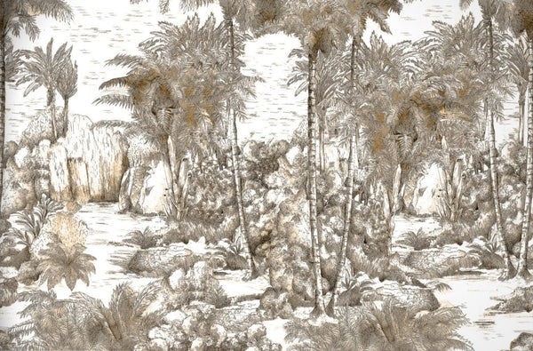 Palm Trees Drawing Wallpaper, Yellow White Large Hand Drawn Wall Mural, Custom Size Wall Covering, Non-Woven, Non-Pasted, Washable, Removable - Walloro High End Wallcoverings & More