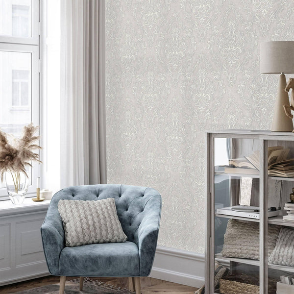 Stylish Baroque Deep Embossed Wallpaper, Light Gray, Timeless Damask Ornate Patterns Sparkling Wallcovering, Elegant Washed Colors Design - Walloro High End Wallcoverings & More