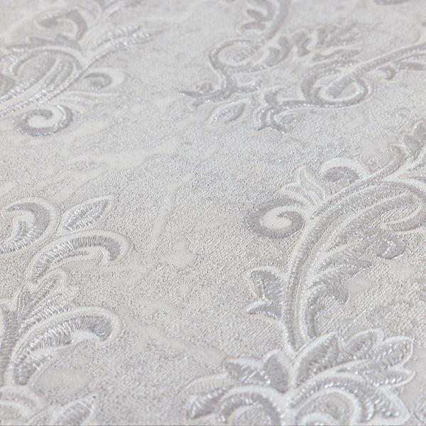 Stylish Baroque Deep Embossed Wallpaper, Light Gray, Timeless Damask Ornate Patterns Sparkling Wallcovering, Elegant Washed Colors Design - Walloro High End Wallcoverings & More