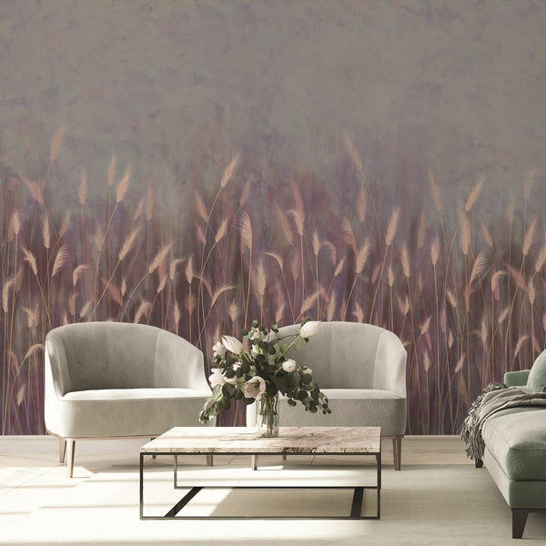 Swaying Wheat Field Wall Mural, Purple Windy Wheat Wallpaper, Large Nature Custom Size Wall Covering, Non-Woven, Non-Pasted, Removable, Washable - Walloro High End Wallcoverings & More