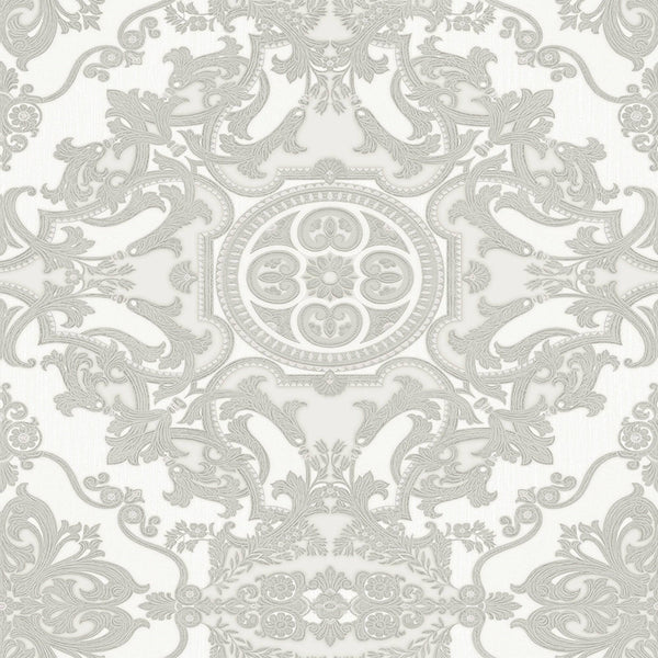 Timeless Design 3D Embossed Damask Wallpaper, White, Silver Luxury Velvet Feeling Wallcovering, Large 114 sq ft Roll - Walloro High End Wallcoverings & More