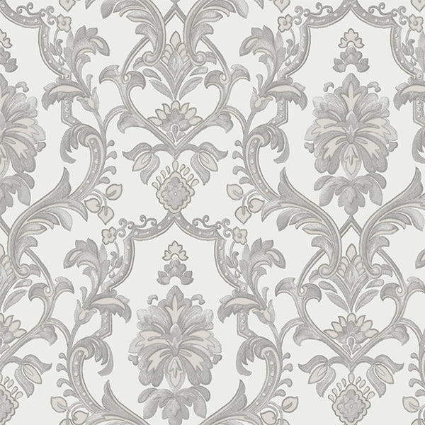 Timeless Ornate Embossed Wallpaper, Light Gray, Fabric Like, Rich 3D Textured Flocked Luxury Wallcovering Design, Non-Woven - Walloro High End Wallcoverings & More