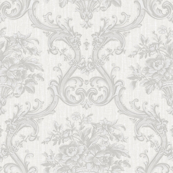 Timeless Velvet Feel Damask Embossed Wallpaper, White, Silver 3D Textured, Flocked, Washable, Luxury Wall Decoration - Walloro High End Wallcoverings & More