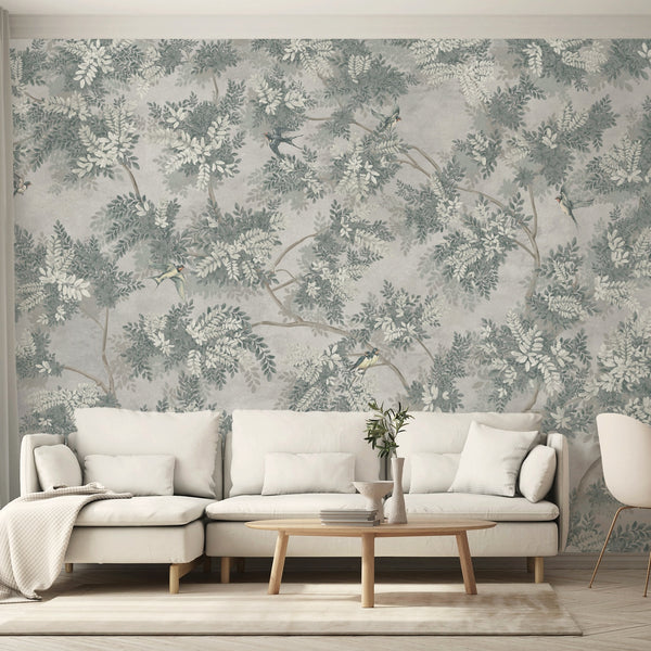 Tree Leaves Wall Mural, Birds Chinoiserie Wallpaper, Gray Oversized Botanical Custom Size Wall Paper, Non-Woven, Modern Wall Art, Non-Pasted, Removable - Walloro High End Wallcoverings & More