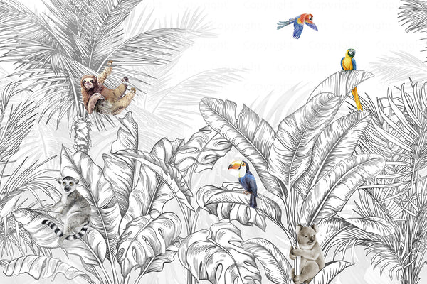 Tropical Animals Wallpaper, Black and White Drawing Wall Mural, Custom Size Wall Covering, Non-Woven, Non-Pasted, Removable, Art - Walloro High End Wallcoverings & More