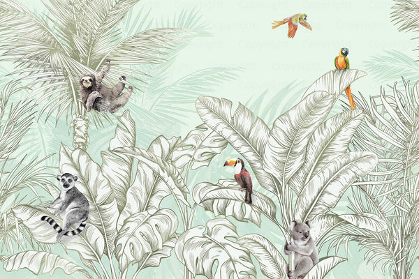 Tropical Animals Wallpaper, Green Drawing Wall Mural, Custom Size Wall Covering, Non-Woven, Non-Pasted, Removable, Art - Walloro High End Wallcoverings & More