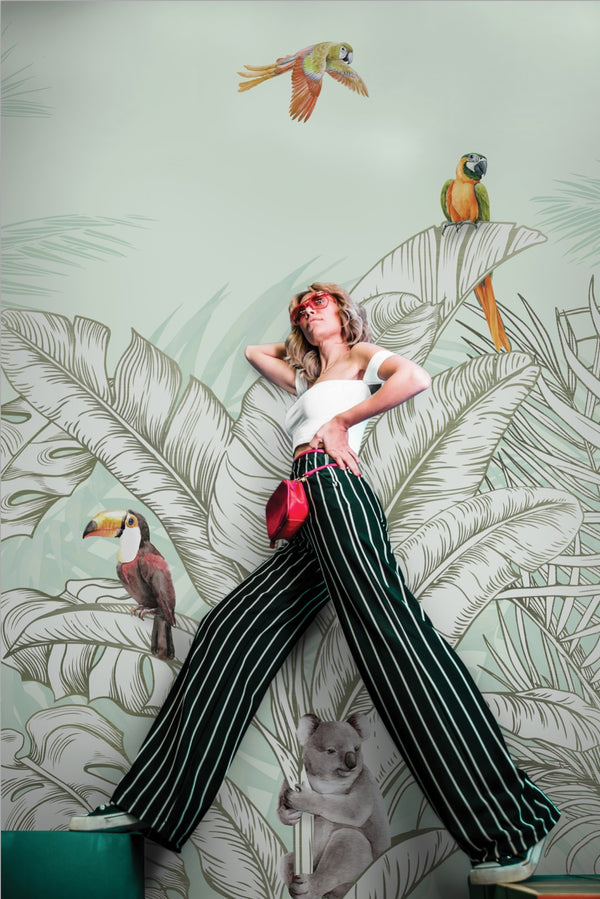 Tropical Animals Wallpaper, Green Drawing Wall Mural, Custom Size Wall Covering, Non-Woven, Non-Pasted, Removable, Art - Walloro High End Wallcoverings & More