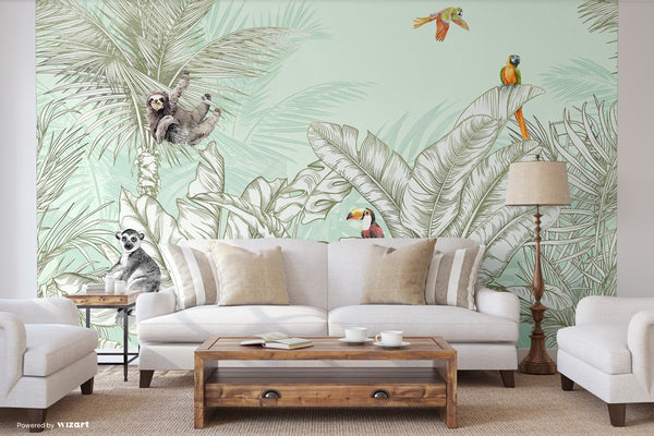 Tropical Animals Wallpaper, Green Drawing Wall Mural, Custom Size Wall Covering, Non-Woven, Non-Pasted, Removable, Art - Walloro High End Wallcoverings & More