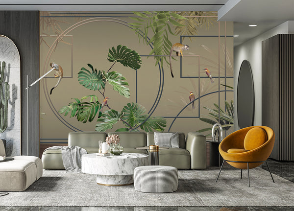 Tropical Jungle Wall Mural, Forest Wallpaper, Green Tree Leaf Bird, Custom Size, Non-Woven, Modern Wall Paper, Non-Pasted, Washable, Removable - Walloro High End Wallcoverings & More
