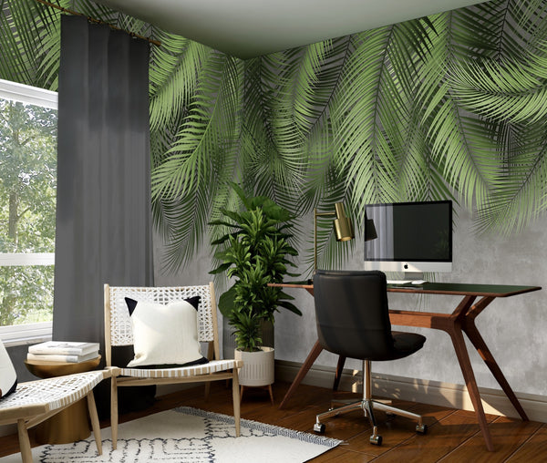 Tropical Tree Leaves Wallpaper, Above the Bed Wall Mural, Green Leaves Custom Size Wall Covering, Non-Woven, Non-Pasted, Washable, Removable - Walloro High End Wallcoverings & More