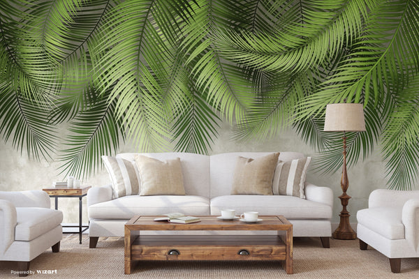 Tropical Tree Leaves Wallpaper, Above the Bed Wall Mural, Green Leaves Custom Size Wall Covering, Non-Woven, Non-Pasted, Washable, Removable - Walloro High End Wallcoverings & More