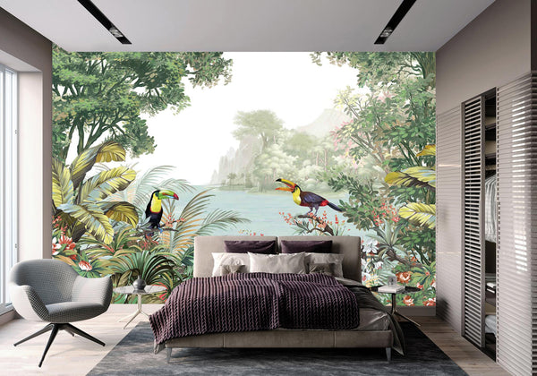 Tropical Wall Mural Art, Birds Forest Nature Theme Wallpaper, Interior Design Wall Covering, Non-Woven, Non-Pasted, Removable, Washable - Walloro High End Wallcoverings & More