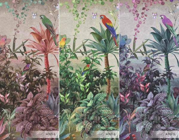 Tropical Wall Mural, Nature Palm Tree Red Parrot Wallpaper, Jungle Forest Theme, Non-Woven, Non-Adhesive, Removable, Exotic Wall Print Art, Interior Decor - Walloro High End Wallcoverings & More