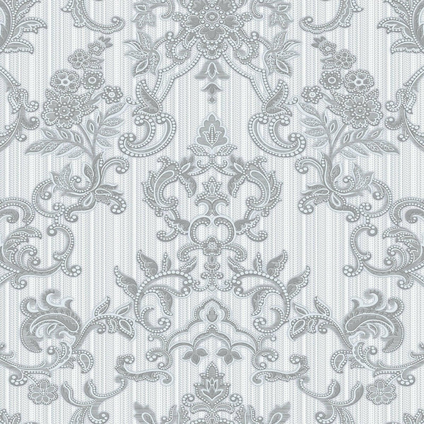 Victorian Damask Striped Wallpaper, Silver, White Rich Textured Embossed Wall Paper, Extra Wide 114 sq ft Roll, Wall Covering, Washable - Walloro High End Wallcoverings & More
