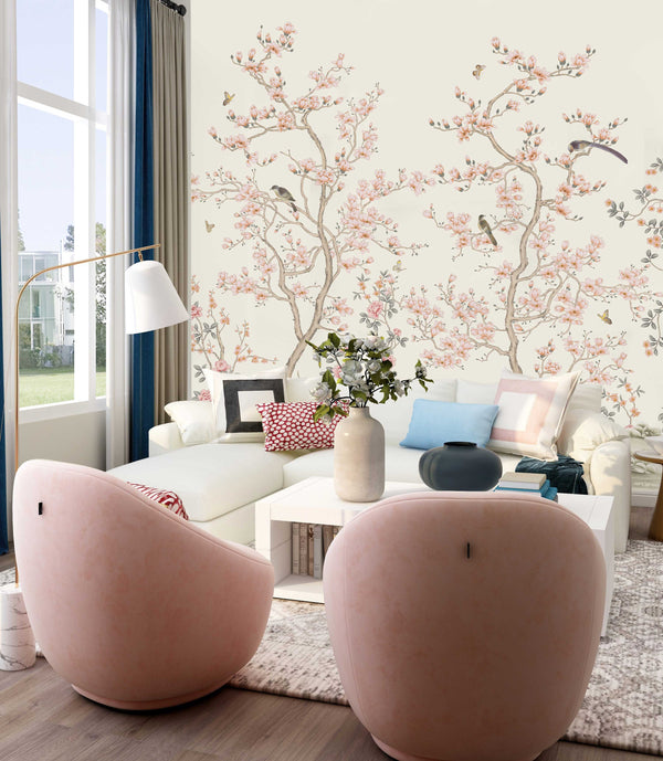 White Chinoiserie Floral Wall Mural, Birds Tree Flowers Wallpaper, Custom Size Wall Covering, Non-Woven, Non-Adhesive, Removable, Washable - Walloro High End Wallcoverings & More