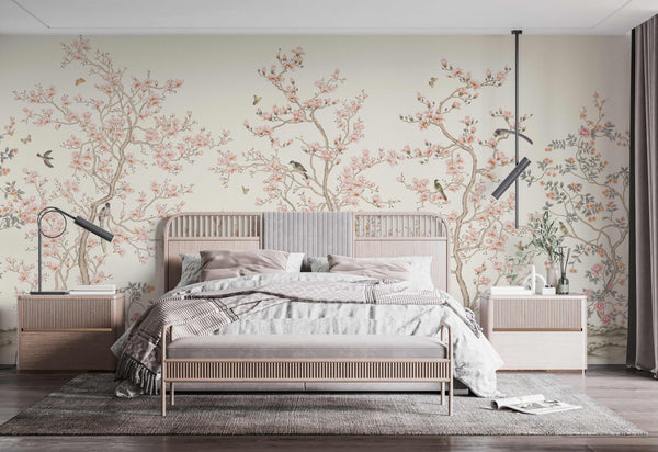 White Chinoiserie Floral Wall Mural, Birds Tree Flowers Wallpaper, Custom Size Wall Covering, Non-Woven, Non-Adhesive, Removable, Washable - Walloro High End Wallcoverings & More