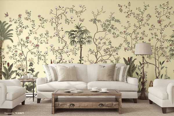 Yellow Botanical Wall Mural, Butterfly Flowers Chinoiserie Wallpaper, Nature Theme Custom Size Wall Covering, Non-Woven, Non-Pasted, Removable, Washable - Walloro High End Wallcoverings & More