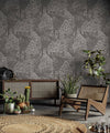 Dark Grey Floral Wallpaper, Natural Wallpaper, Modern & Minimalist Wall Covering,Modern Look Neutral Colors Glittering Wallcovering
