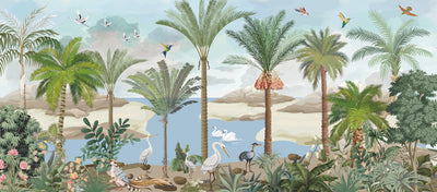 South Asian Subcontinent Wallpaper, Palm Trees, Birds Mural, Oversized Custom Size Wall Art, Non-Woven, Non-Adhesive, Modern Wall Paper, Removable