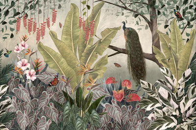 Peacock Wallpaper, Tropical Leaves Wall Mural, Oversized Custom Size Wall Art, Non-Woven, Non-Adhesive, Modern Wall Paper, Removable