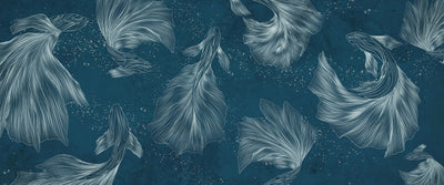 Koi Fish Wallpaper, Silver Line Style Wall Mural, Oversized Custom Size Wall Art, Non-Woven, Non-Adhesive, Modern Wall Paper, Removable