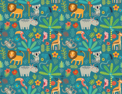Tropical Animals Wallpaper, Green Background Mural, Oversized Custom Size Wall Art, Non-Woven, Non-Adhesive, Modern Wall Paper, Removable