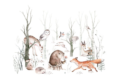Cute Animals, Trees Wallpaper, White Background Mural, Oversized Custom Size Wall Art, Non-Woven, Non-Adhesive, Modern Wall Paper, Removable