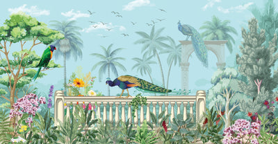 Mughal Garden Wallpaper, Peacock and Arch Mural, Oversized Custom Size Wall Art, Non-Woven, Non-Adhesive, Modern Wall Paper, Removable