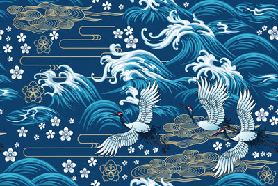 Oriental Sea Wallpaper, Seamless Pattern Mural, Oversized Custom Size Wall Art, Non-Woven, Non-Adhesive, Modern Wall Paper, Removable