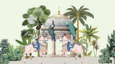 Traditional Mughal Garden Wallpaper, Peacock, Horses Mural, Oversized Custom Size Wall Art, Non-Woven, Non-Adhesive, Modern Wall Paper, Removable