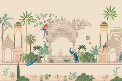 Mughal Garden Wallpaper, Peacock, Parrot Mural, Oversized Custom Size Wall Art, Non-Woven, Non-Adhesive, Modern Wall Paper, Removable