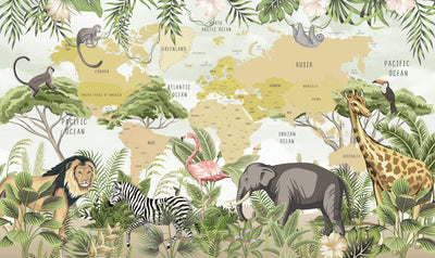 Safari Animals Wallpaper, Kids World Map Mural, Oversized Custom Size Wall Art, Non-Woven, Non-Adhesive, Modern Wall Paper, Removable