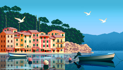 Summer day in Village Wallpaper, Boats, Sea Mural, Oversized Custom Size Wall Art, Non-Woven, Non-Adhesive, Modern Wall Paper, Removable