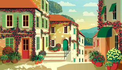 Village Square Wallpaper, Traditional Houses Mural, Oversized Custom Size Wall Art, Non-Woven, Non-Adhesive, Modern Wall Paper, Removable