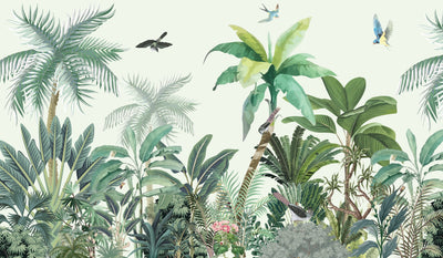 Jungle Palms Wallpaper, Birds Mural, Oversized Custom Size Wall Art, Non-Woven, Non-Adhesive, Modern Wall Paper, Removable