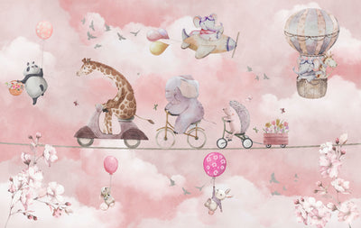 Cycling Animals with Balloons Wallpaper, Watercolor Mural, Oversized Custom Size Wall Art, Non-Woven, Non-Adhesive, Modern Wall Paper, Removable